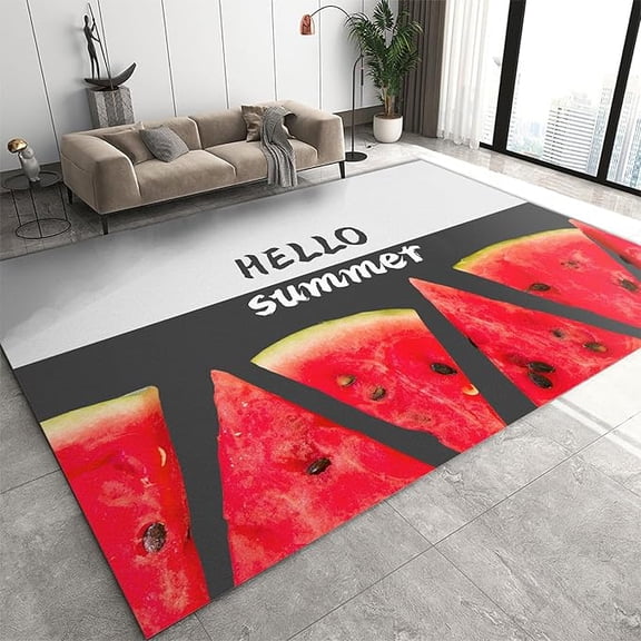 Summer Vibe Watermelon Art Foldable Area Rugs, Nordic Minimalist Dark Gray Light Gray Stitching Carpet, Non Slip Backing Mat For Bedroom Living Room Hallway Nursery Office 3 x 4ft