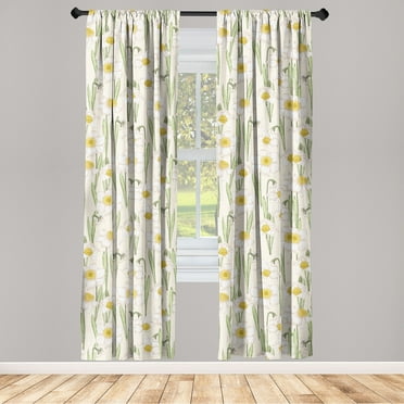 Summer Vibe Window Curtains, Garden Scene Flowers Vintage Pattern Daffodils Boho Colored Art, Lightweight Decor 2-Panel Set with Rod Pocket, Pair of - 28"x63", Eggshell Pistachio Green, by Ambesonne