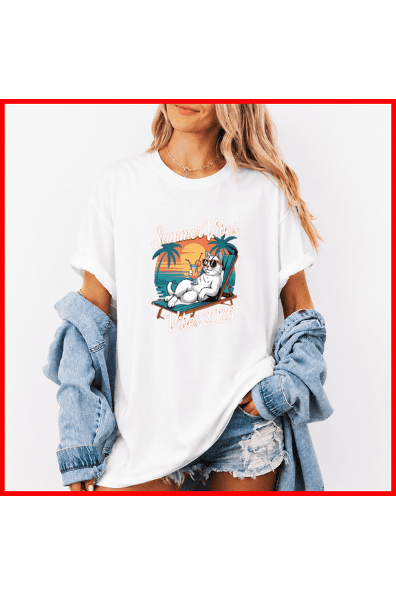 Summer Vibes 2026 Chill Cat Tropical Beach Graphic Unisex T-Shirt, up to size 5XL