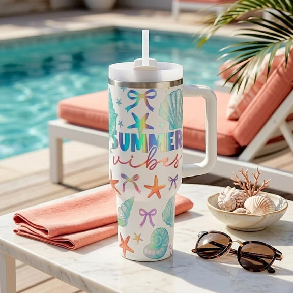 Summer Vibes 40oz Tumbler with Handle - Beach Shell Starfish Coastal Bow Tumbler, Colorful Summer Vibes Stainless Steel Drink Cup