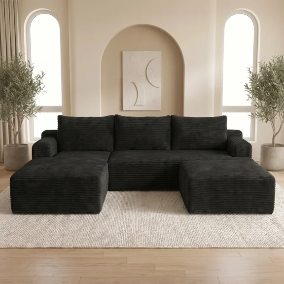 VERDECORE 95.2" Cloud Sectional Sofa, Modular Corduroy Chaise Lounge with L‑Shaped Chaise and Ottoman, Convertible Double Sofa Bed, No Assembly Required for Living Room