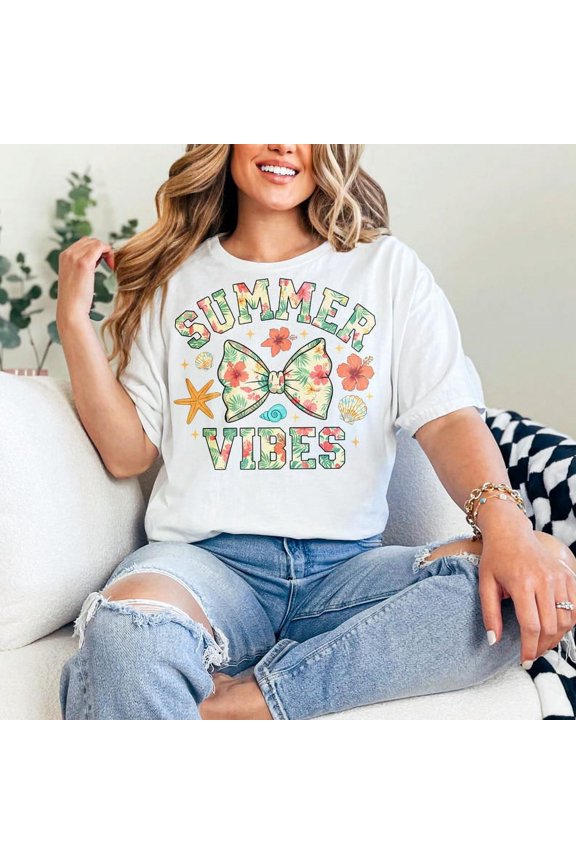 Summer Vibes Bow T-shirt, Tropical Floral Bow Shirt, Aesthetic Summer Shirt, Hibiscus Shell Shirt, Vacation Beach Bow Shirt, Colorful Summer Shirt TH060606