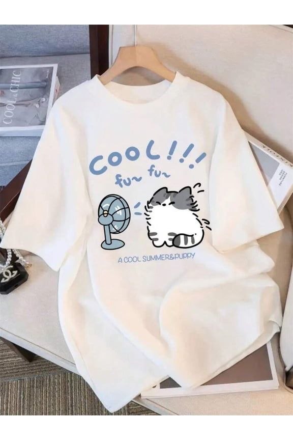 Summer Vibes Cat Graphic T-Shirt, Cool Cartoon Cat With Fan Print, Casual Streetwear for Women
