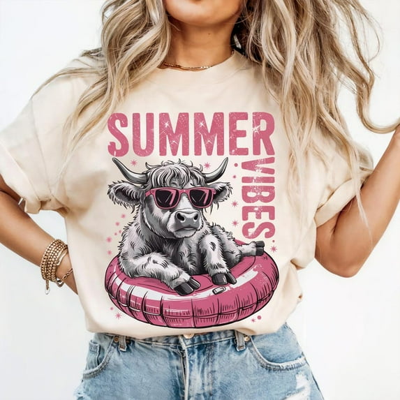 Summer Vibes Cow Shirt, Funny Highland Cow Float Tee, Beach Vacation Shirt for Women, Cute Summer Graphic Shirt, Trendy Sublimation