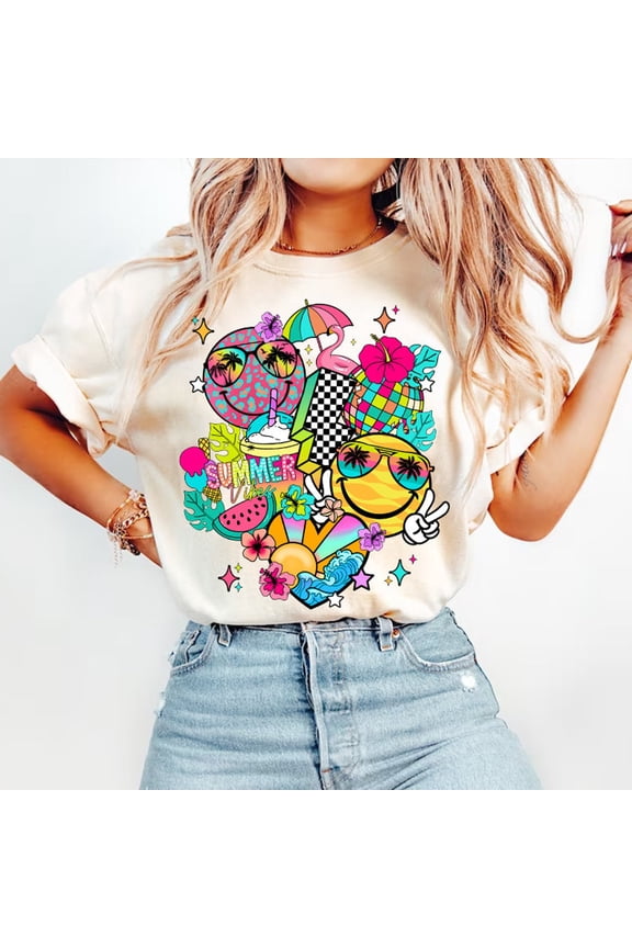 Summer Vibes Dalmatian Dots T-Shirt, Smiley Face Bright Beach Shirt, Hello Summer Vacation Outfit, Fun Retro Summer Tee