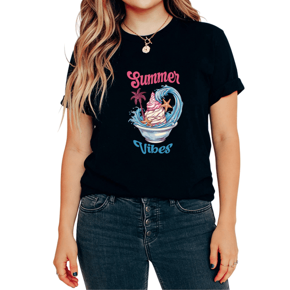 Summer Vibes Ice Cream Bowl Wave Palm Tree Graphic Simple Minimalist Tees T-shirt Short Sleeve Round Neck Black S-5XL