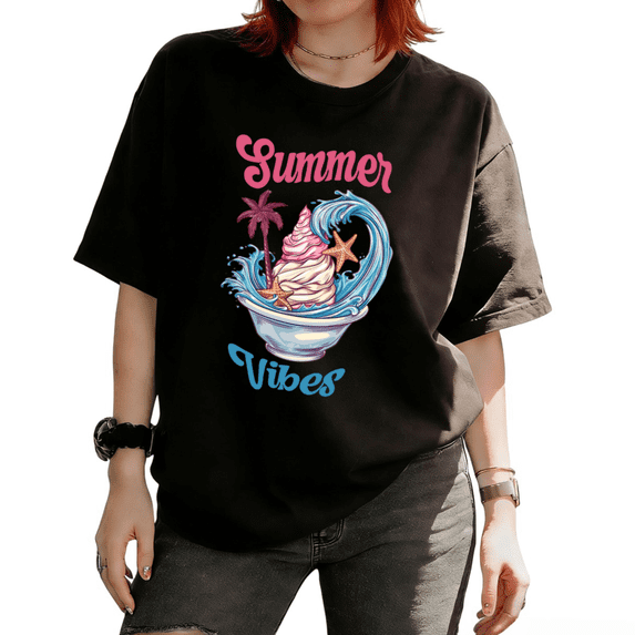 Summer Vibes Ice Cream Bowl Wave Palm Tree Graphic Tees T-shirt Retro Beach Short Sleeve Round Neck Black S-5XL