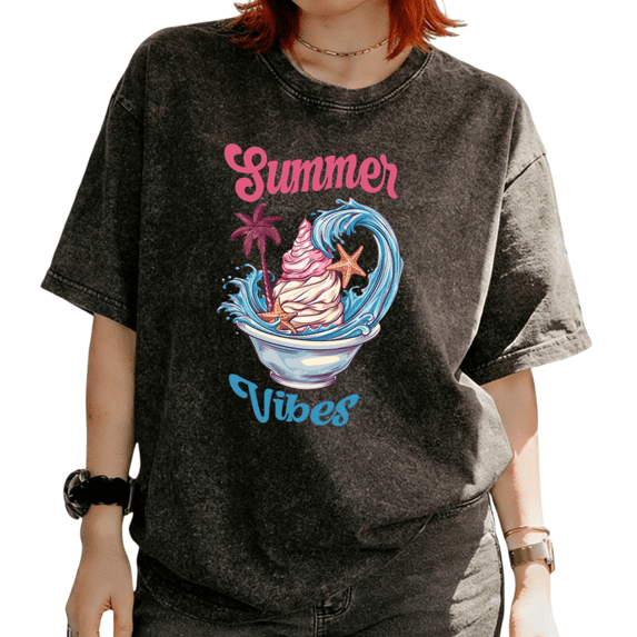 Summer Vibes Ice Cream Bowl Wave Palm Tree Graphic Tees T-shirt Retro Beach Tops Short Sleeve Black S-2XL Plus Size