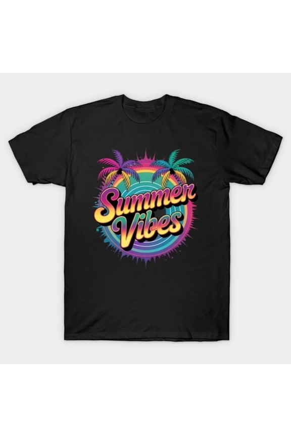 Summer Vibes Neon Summer Palm Beach Retro Vintage 80s Vacation Art Graphic G1132 T-Shirt, for men and women, Up to Size 5XL
