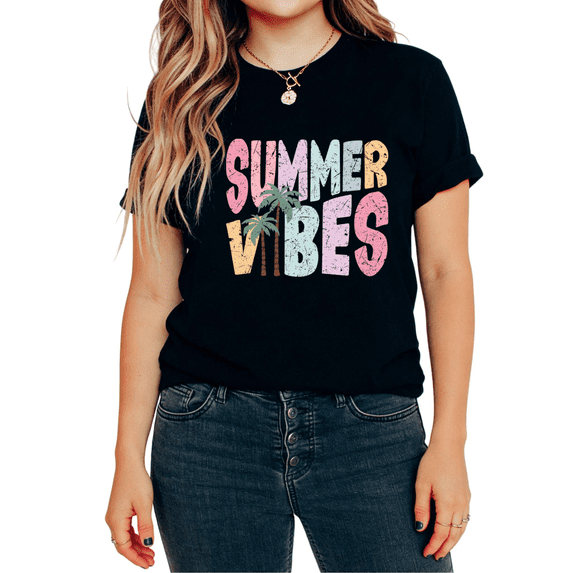 Summer Vibes Palm Tree Retro Distressed Graphic Tees T-Shirt Casual Commuting Short Sleeve Round Neck Black S-5XL
