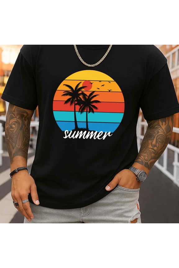 Summer Vibes Palm Tree Tee For Men | Crew Neck Black Graphic Elegant Thirt, Refreshing And Lightweight, Perfect For Summer Sports And Leisure Wear, Casual Sportswear, Comfortable Elastic Fabric, Gre