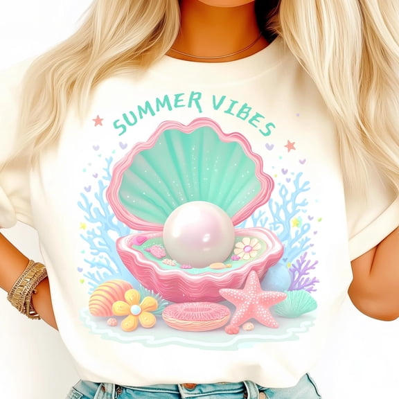 Summer Vibes Pearl Shell Shirt, Cute Beachcore Pastel Shirt, Coastal Girl Ocean Shirt, Starfish Coral Shell Shirt