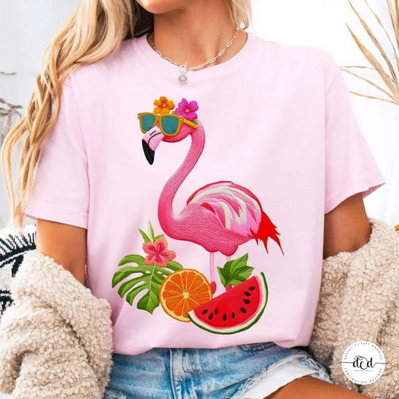 Summer Vibes Pink Flamingo T-shirt, Summer T-shirt, Faux Embroidery Girly T-shirt, Beach T-shirt, Hello Summer T-shirt, Retro Summer T-shirt.