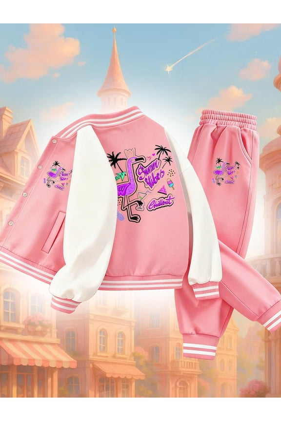Summer Vibes Pink Set baseball jacket set funny girls pink regular fit for Outdoor Regular Fit for Fall/Winter, Perfect for Outdoor letter cute embarrassed Halloween 3 to 10 years old