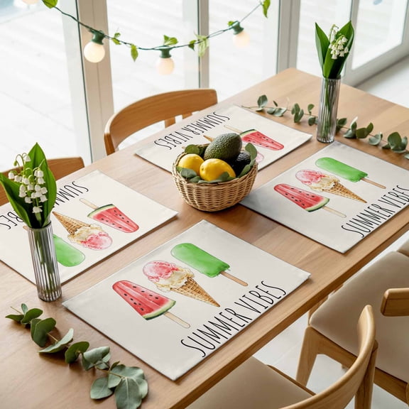 Summer Vibes Placemats Set of 4,Wipeable Washable Table Mats for Dining Tables, Watercolor Watermelon Popsicle Place Mats for Kitchen Event Party Tabletop Decor