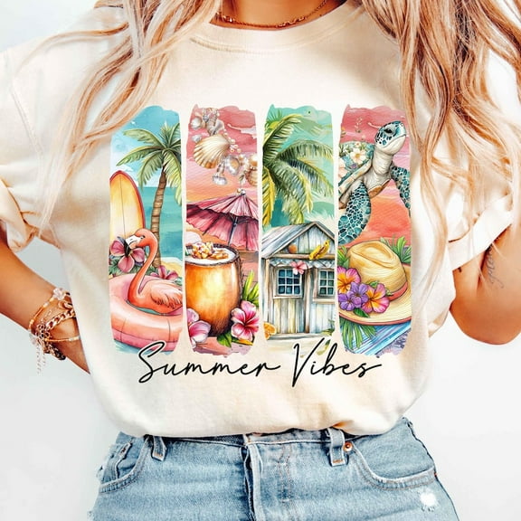 Summer Vibes Retro T-Shirt, Beach Scene Summer Shirt, Vintage Brushstroke Tee, Trendy Summer Sublimation Design, Coastal Vibes Tee