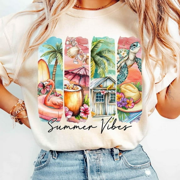 Summer Vibes Retro T-Shirt, Beach Scene Summer Shirt, Vintage Brushstroke Tee, Trendy Summer Sublimation Design, Coastal Vibes Tee