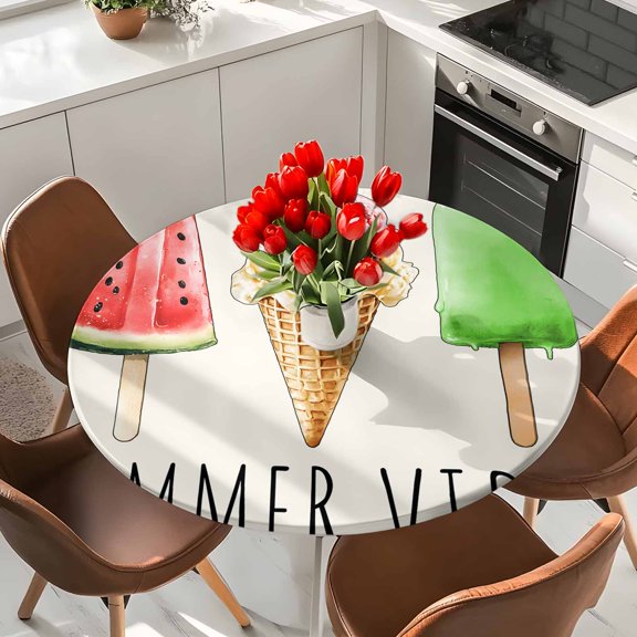 Summer Vibes Round Fitted Tablecloth with Elastic Edge,Waterproof Table Cloth Fits Tables Up to 36"-44",Wipeable Washable Table Cover for Indoor Outdoor Dinning Party,Watercolor Watermelon Popsicle