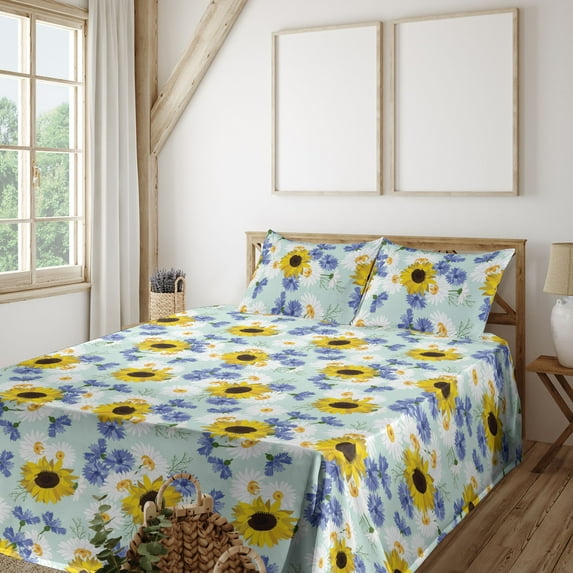Ambesonne Summer Vibes Fitted & Flat Sheet with Shams 4 Pcs Set, Simple Chamomile Print, Full, Mustard Mint Green White