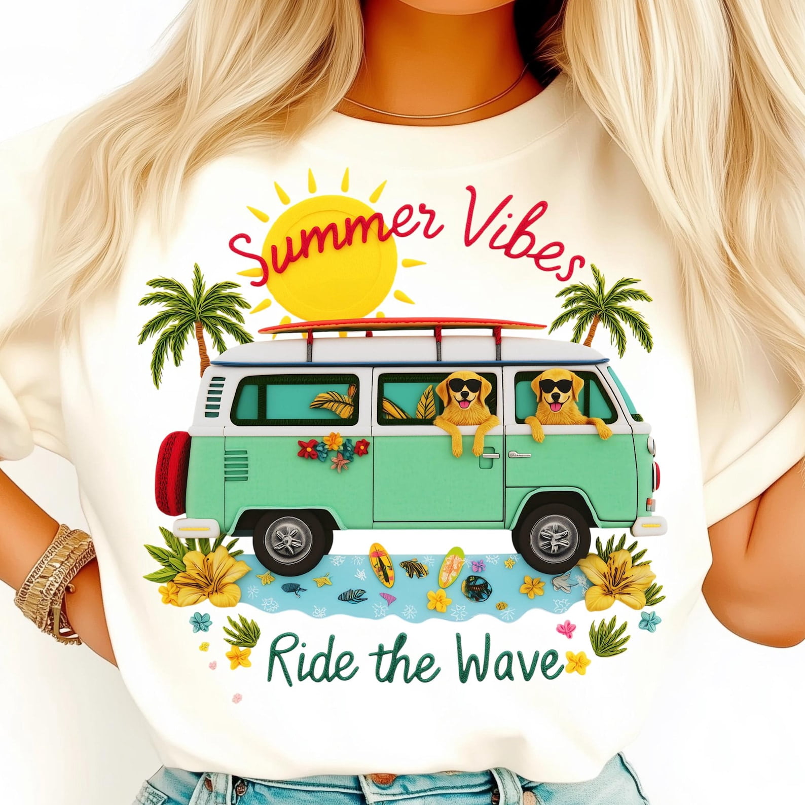 Summer Vibes Shirt, Beach Van Tee, Surf Bus Shirt, Tropical Shirt, Retro Summer Tee, Palm Trees Shirt, Cute Dogs Shirt