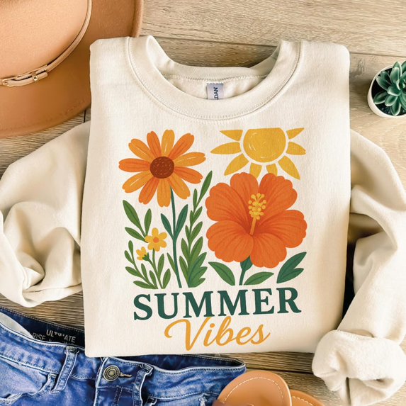 Summer Vibes Shirt, Floral Watercolor Summer Sweatshirt, Trendy Summer Shirt Design for Women, Aesthetic Vacation Shirt, Cute Digital Style Shirt