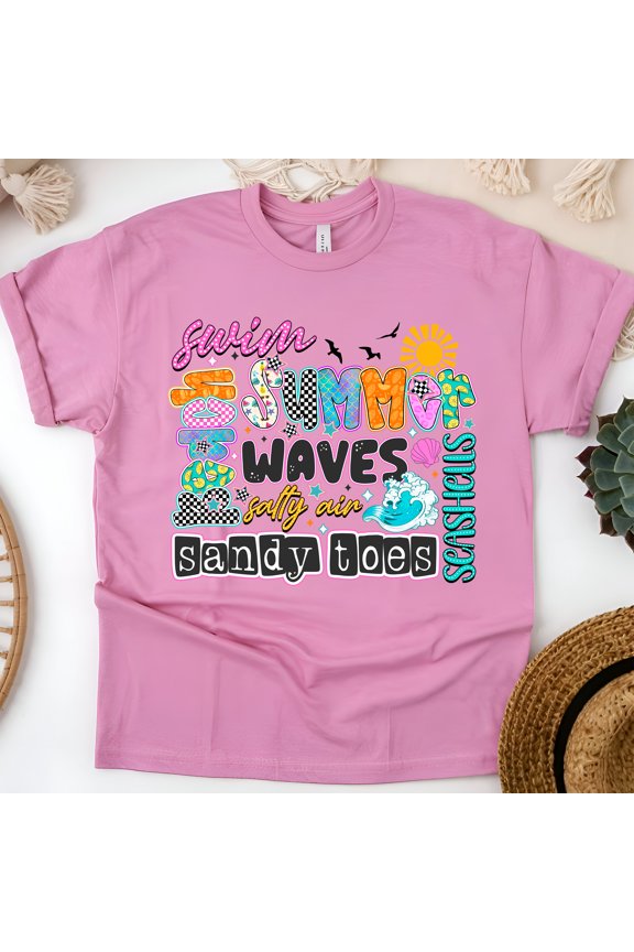 Summer Vibes Shirt – Retro Lightning Bolt Beach Graphic Tee, Azalea, Size S