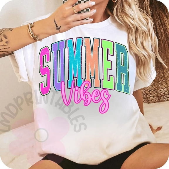 Summer Vibes Shirt, Trendy Neon Varsity Tee, Retro Distressed Summertime Shirt, Aesthetic Summer T-Shirt, Fun Vacation Graphic Tee