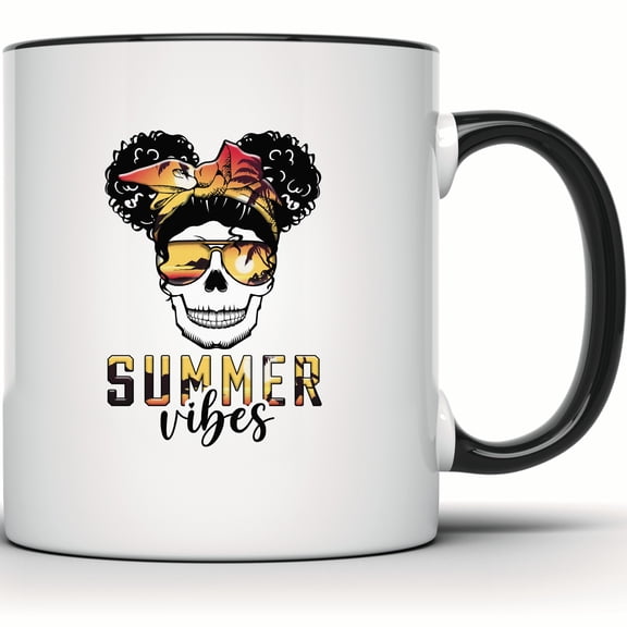 Summer Vibes Skull Mug - Beach Sunset Skull with Sunglasses - Funny Summer Coffee Mug - Cute Unique Vacation Mug Gift - 11 Ounce Black Rim Handle Novelty Coffee Cup - WMUG1897-BLK