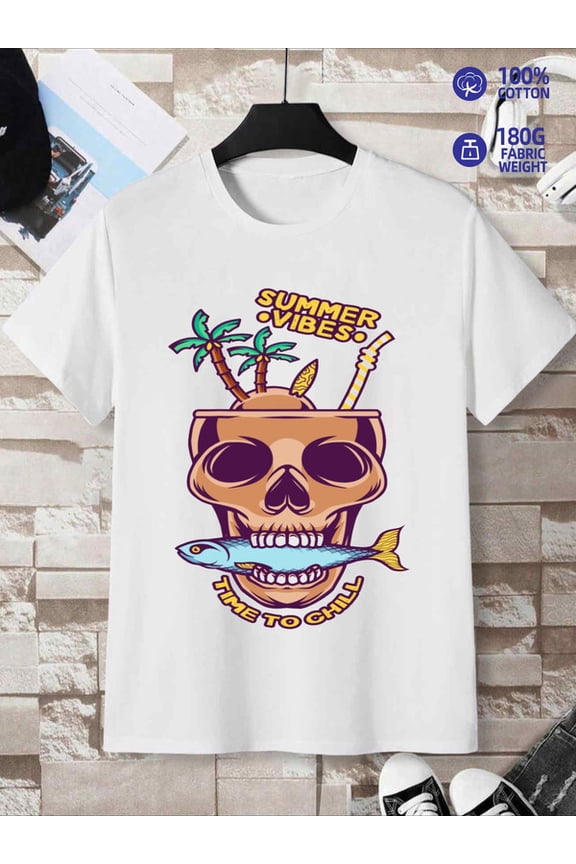 Summer Vibes Skull fish comfort colors tshirt graphic t shirts men 180G 100% Cotton white Daily and weekend wear Soft and comfortable Stylish summer outerwear Wearable year-round for 60 year old fis
