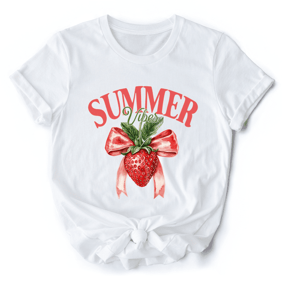 Summer Vibes Strawberry T-Shirt, White, Natural and Navy Seasonal Tee with Coquette Style