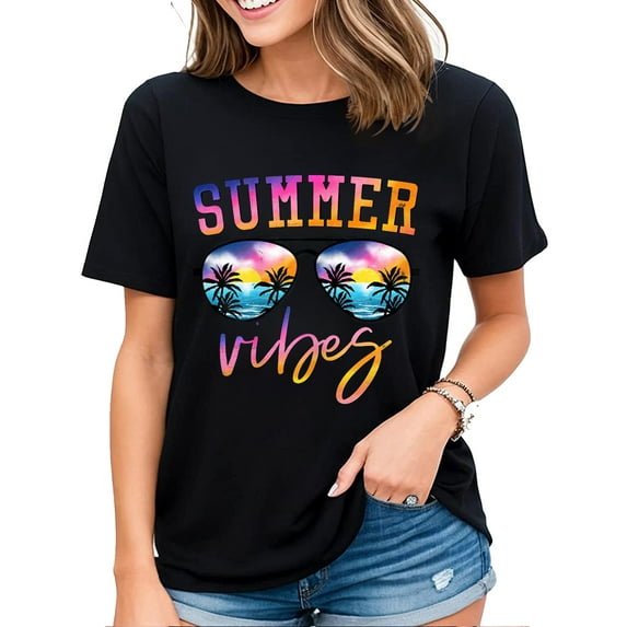 Summer Vibes Sunglasses With Palm Tree Funny Beach Life T-Shirt Black Large