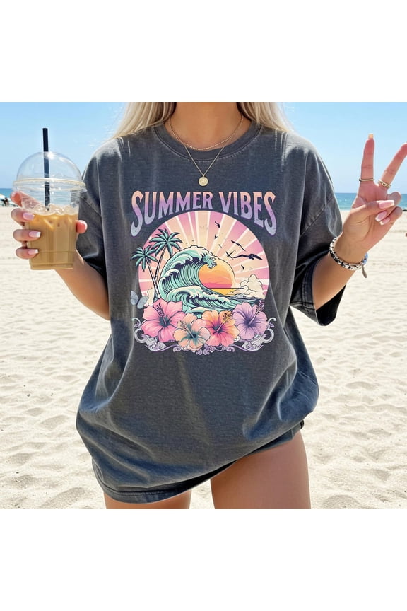 Summer Vibes Sweatshirt: Tropical Beach Sunset, Hibiscus Flowers