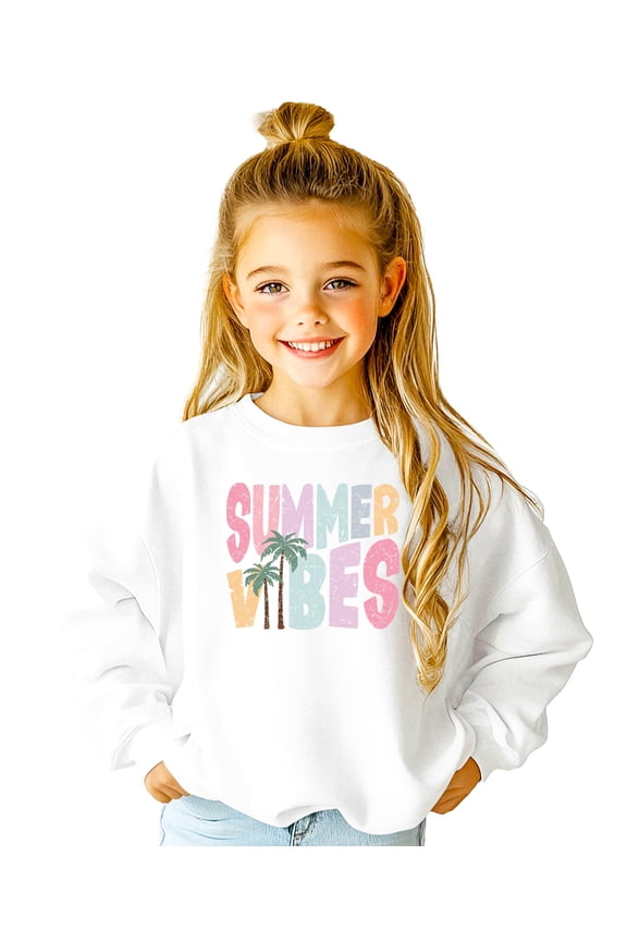 Summer Vibes Sweatshirt for Women, Teens, & Girls Colorful Palm Tree Vacation Pullover White Sweatshirt Youth Medium