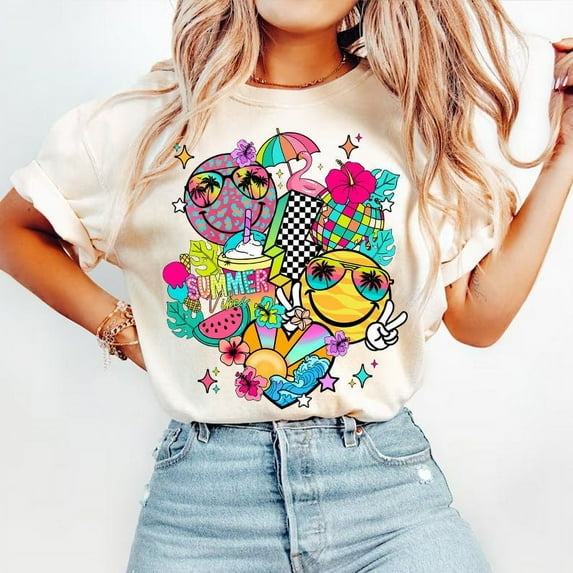 Summer Vibes T-Shirt, Dalmatian Dots and Smiley Face Tee, Bright Doodle Lake Days Shirt, Hello Summer Beach Vacation T-Shirt