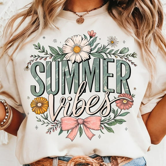 Summer Vibes T-Shirt, Floral Summer Tee, Retro Pastel Vacation Graphic Shirt, Beach Vibes Shirt, Tropical Summer Theme Graphic Tee for Women