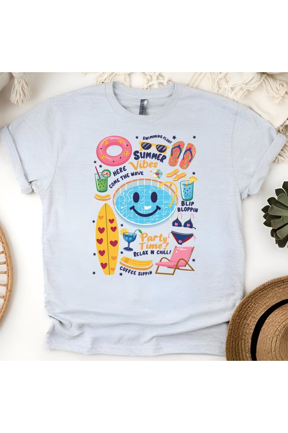 Summer Vibes T-Shirt – Funny Pool Party Cartoon Tee, Unisex Graphic Shirt, Ash, Size S