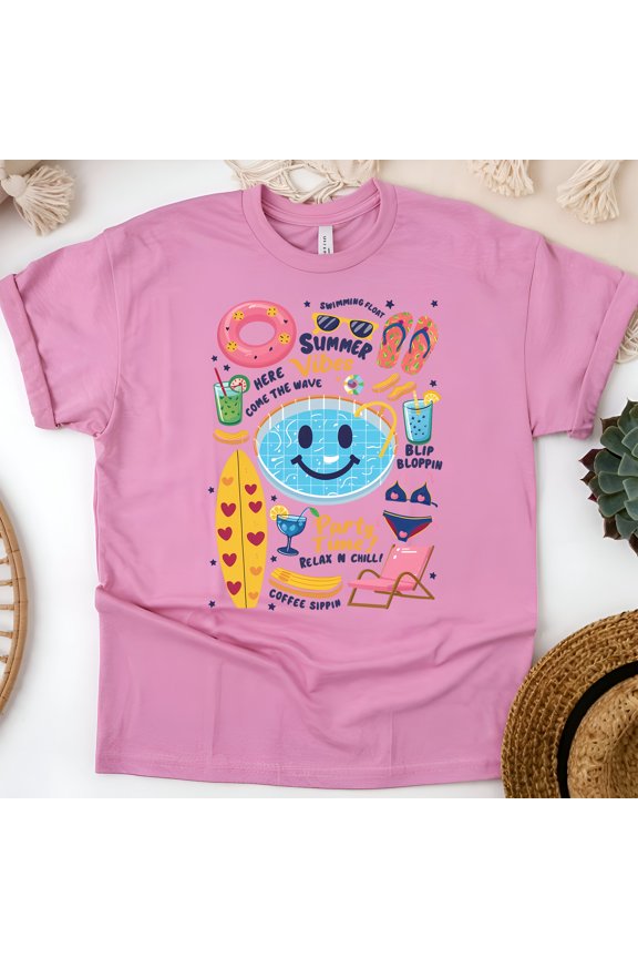 Summer Vibes T-Shirt – Funny Pool Party Cartoon Tee, Unisex Graphic Shirt, Azalea, Size M