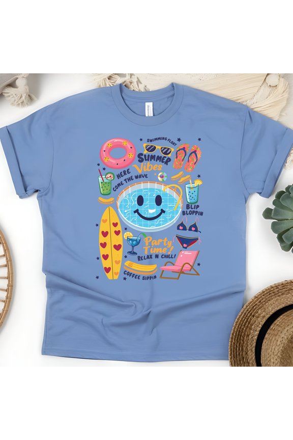 Summer Vibes T-Shirt – Funny Pool Party Cartoon Tee, Unisex Graphic Shirt, CarolinaBlue, Size S