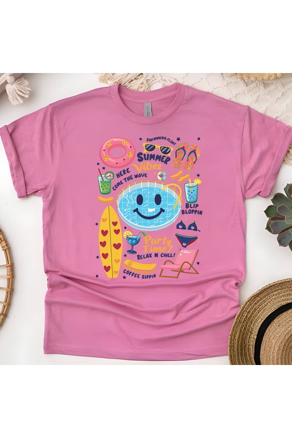 Summer Vibes T-Shirt – Funny Pool Party Cartoon Tee, Unisex Graphic Shirt, Heliconia, Size XL