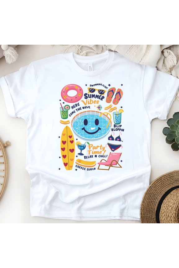 Summer Vibes T-Shirt – Funny Pool Party Cartoon Tee, Unisex Graphic Shirt, White, Size M