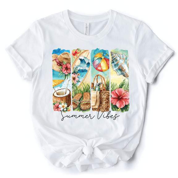 Summer Vibes T-Shirt, White and Natural Beach Tee with Coconut and Flowers