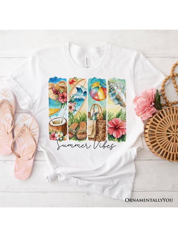 Summer Vibes T-Shirt, White and Natural Beach Tee with Coconut and Flowers