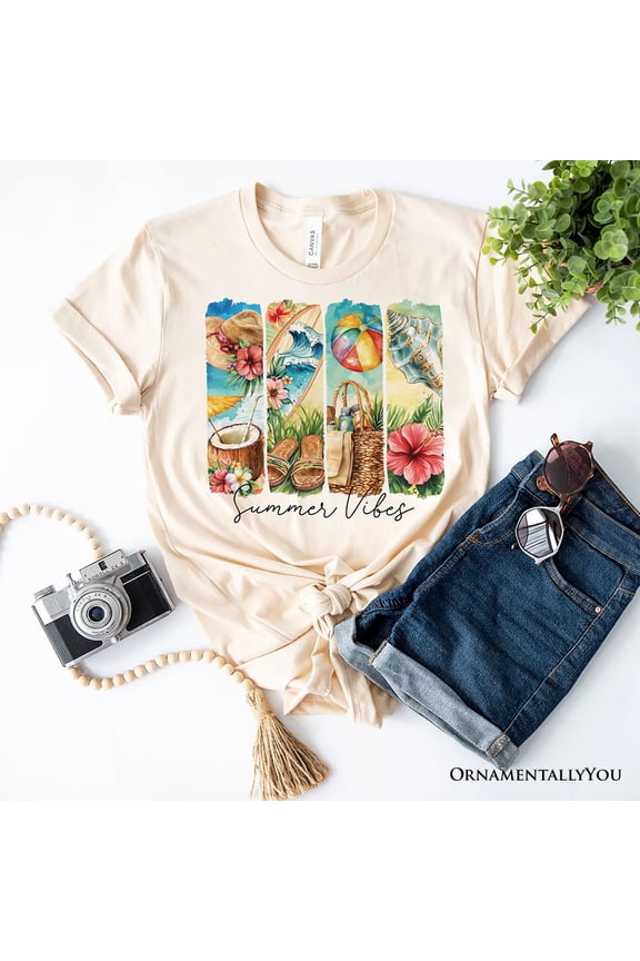 Summer Vibes T-Shirt, White and Natural Beach Tee with Coconut and Flowers