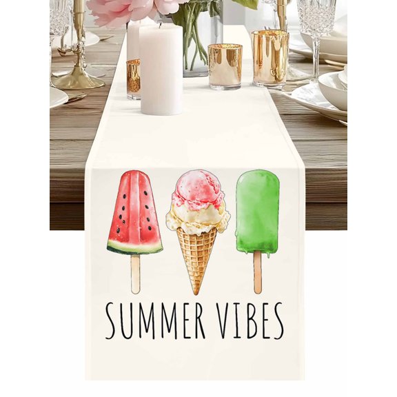 Summer Vibes Table Runner-36 Inch Long Watercolor Watermelon Popsicle Table Runners Linen Burlap Tablerunner for Kitchen Dining Room Holiday Party