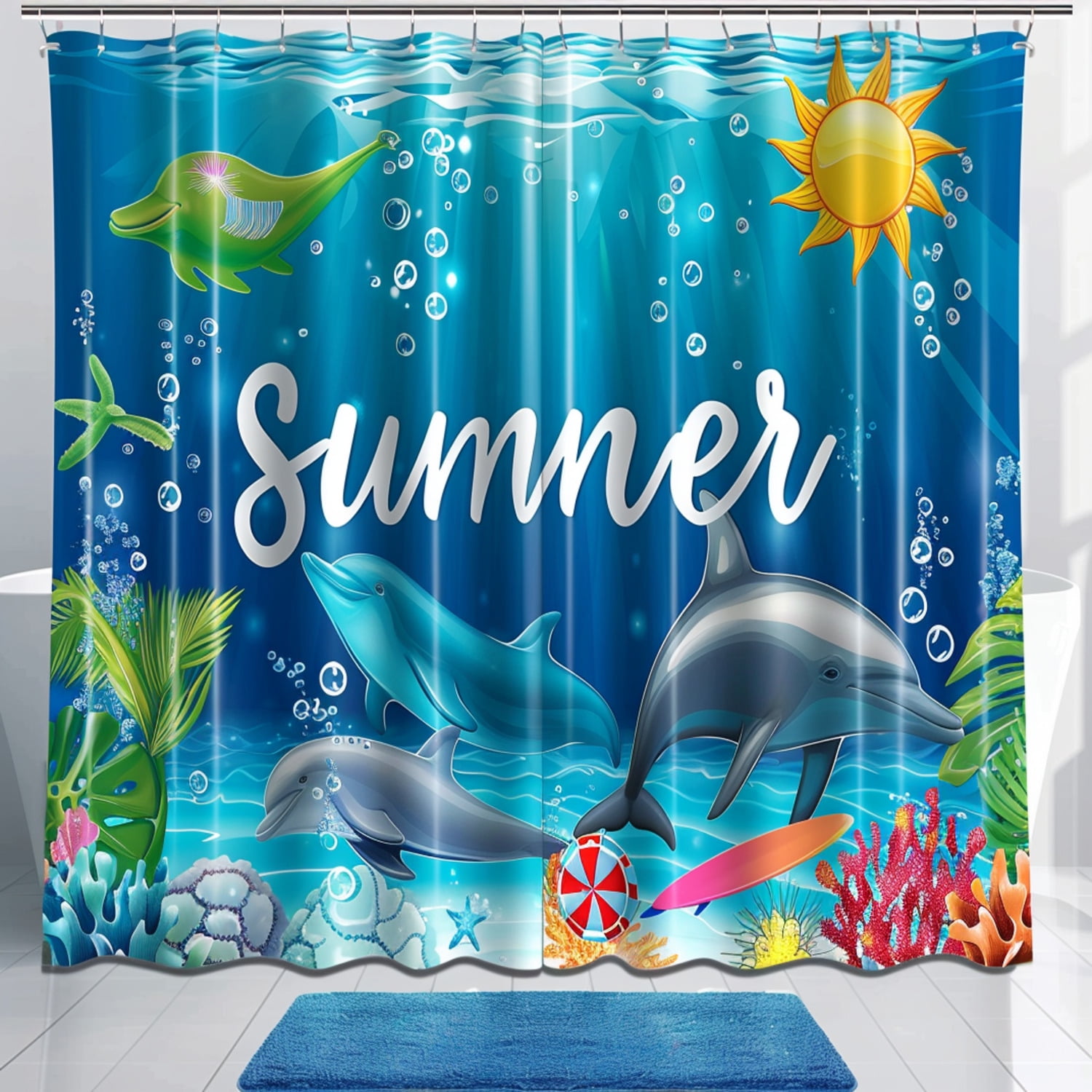 Summer Vibes Underwater Dolphin Scene Shower Curtain Vibrant Colors