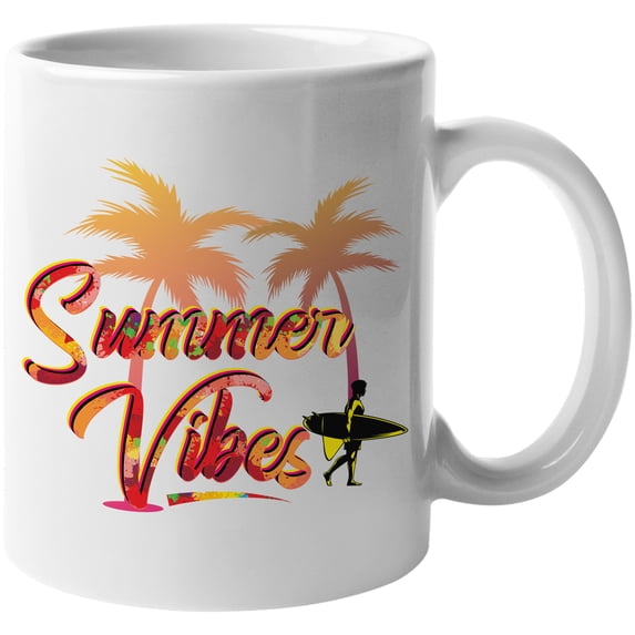 Summer Vibes with Surfer & Palm Trees, White 11oz Ceramic Mug