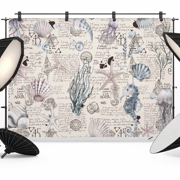 Summer Vintage Backdrop for Photography, Starfish Seahorse Seashell Seaweed Photo Backdrop Portrait Background Party Banner Photo Backgrounds for Studio Booth Props, 7x5ft