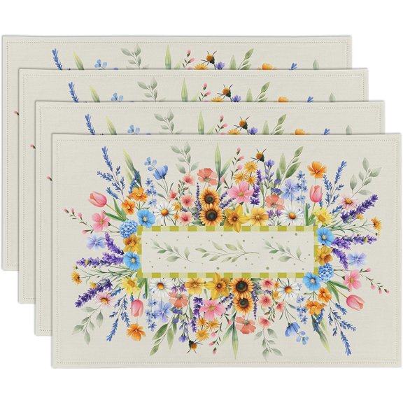Summer Vintage Floral Placemats Set of 4 - Wildflowers Daisy Flowers Table Mats 12x18 Inch - Washable Seasonal Kitchen Decor for Holiday Kitchen Dining