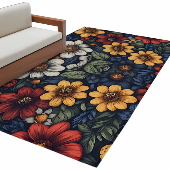 Summer Vintage Flower Area&nbsp;Rug 3x5ft Watercolor Yellow Red Flowers Non-Slip&nbsp;Washable Square&nbsp;Rugs Soft Felt Indoor Floor Mat for Bedroom Kitchen Living Room Bathroom