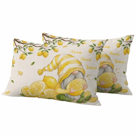 Summer Vintage Gnome Lemon Pillow Covers 2 Pack Country Farm Yellow Lemon Tree Leaf Pillowcase Waterproof Outdoor Throw Pillow Cover for Patio Balcony Rectangular Cushion 20”x12”